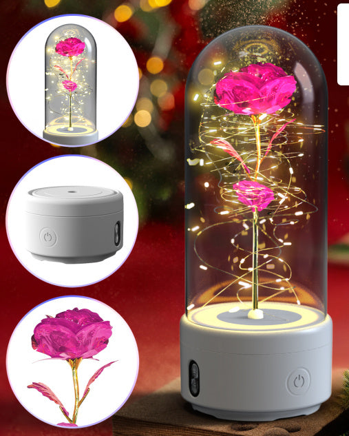 Creative 2 In 1 Rose Flowers LED Light And Bluetooth Speaker Night Light Ornament In Glass Cover