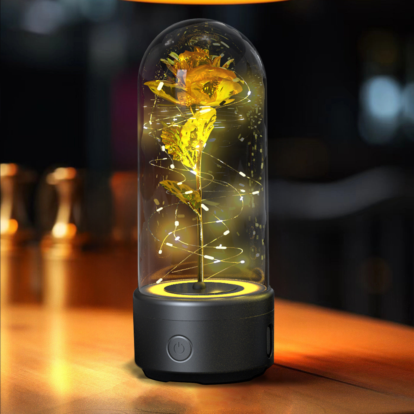 Creative 2 In 1 Rose Flowers LED Light And Bluetooth Speaker Night Light Ornament In Glass Cover