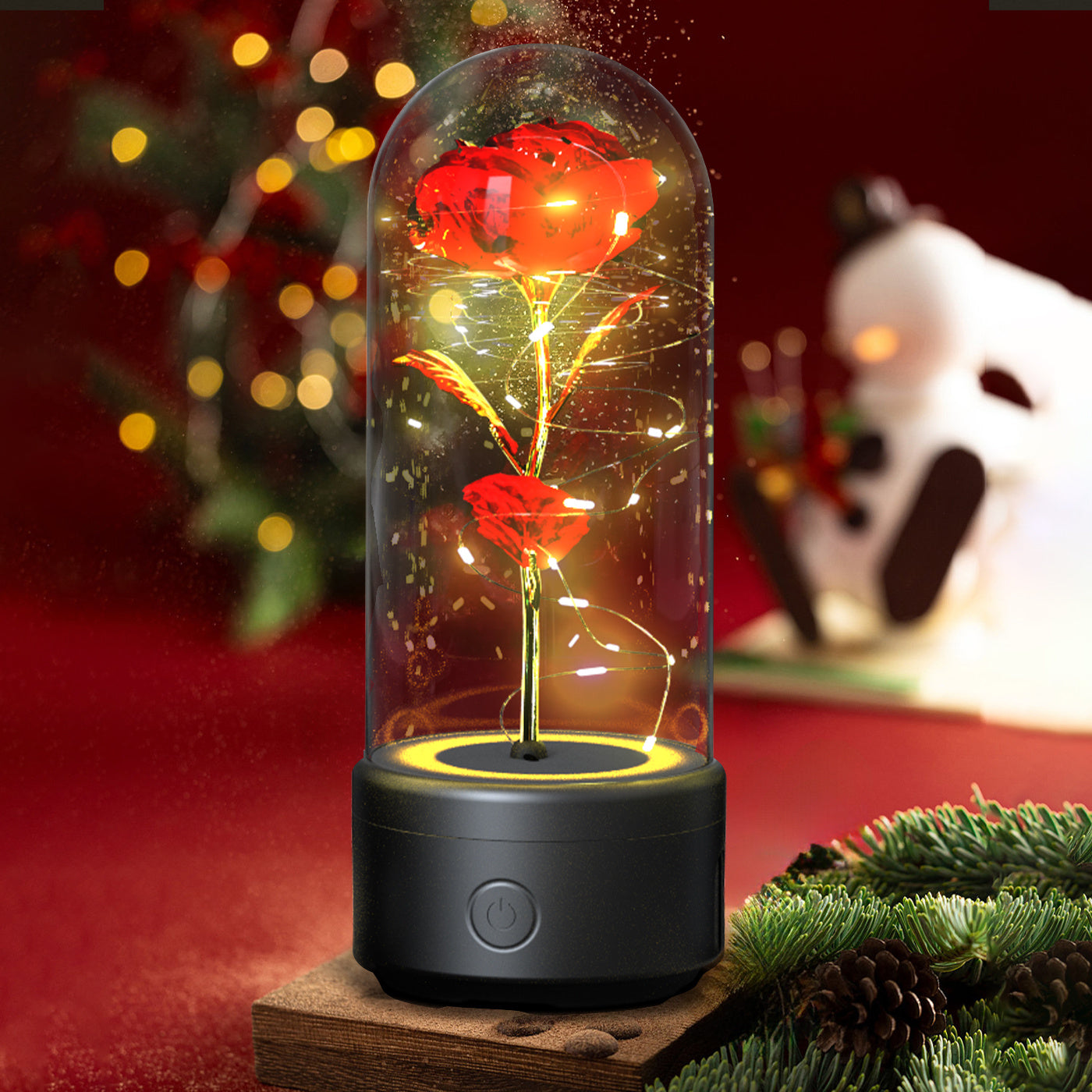 Creative 2 In 1 Rose Flowers LED Light And Bluetooth Speaker Night Light Ornament In Glass Cover