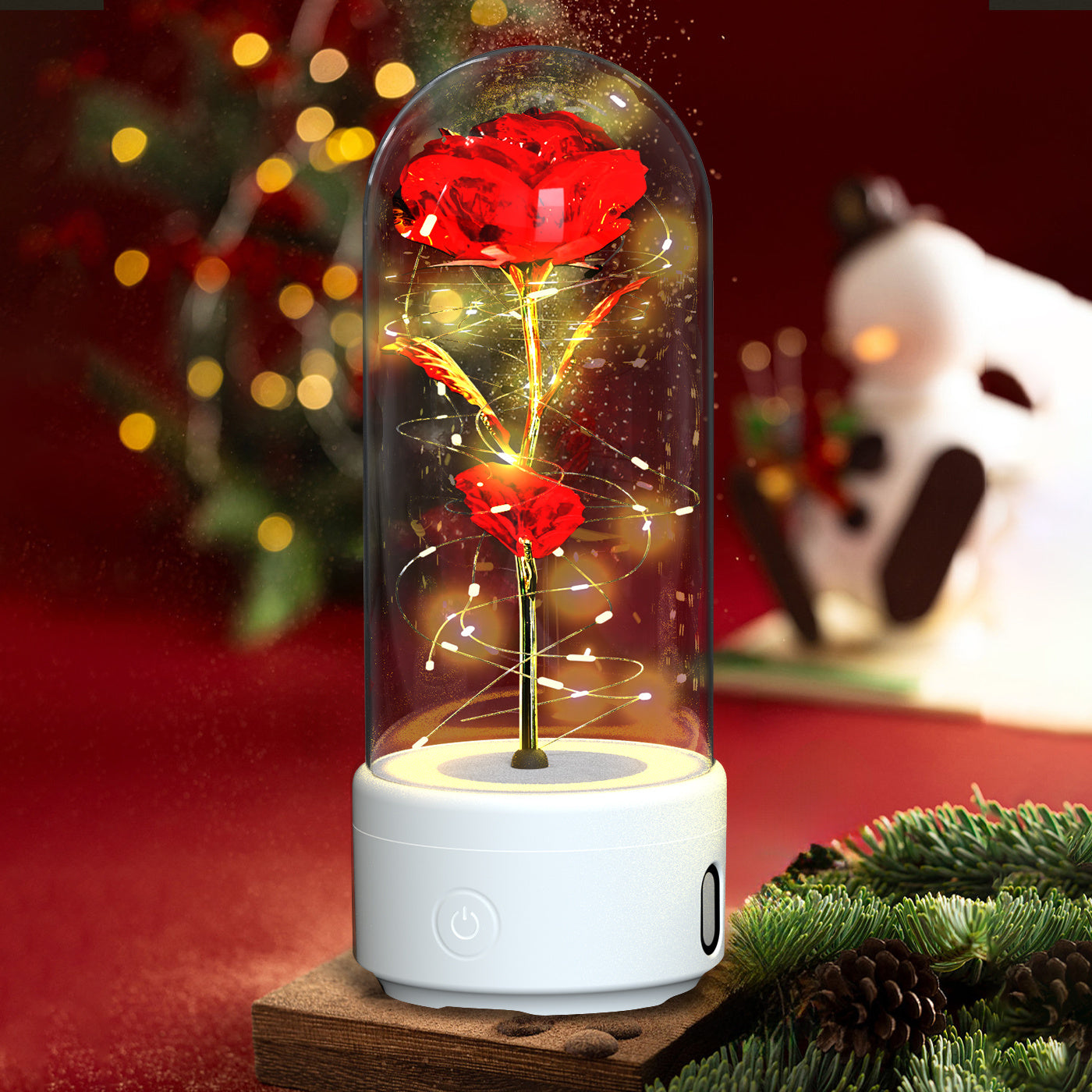 Creative 2 In 1 Rose Flowers LED Light And Bluetooth Speaker Night Light Ornament In Glass Cover