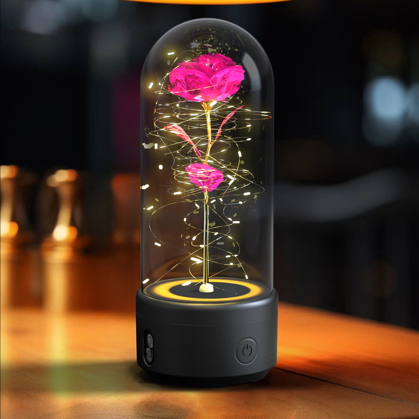 Creative 2 In 1 Rose Flowers LED Light And Bluetooth Speaker Night Light Ornament In Glass Cover