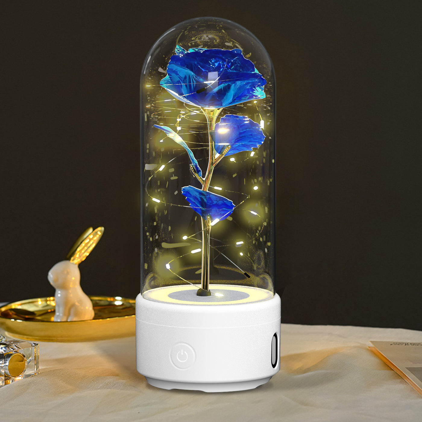 Creative 2 In 1 Rose Flowers LED Light And Bluetooth Speaker Night Light Ornament In Glass Cover