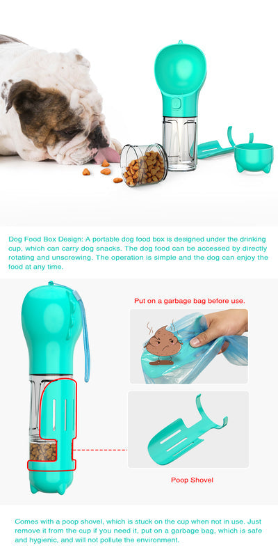 Portable Dog Water Bottle 4 In 1 Pet Drinking Feeder Pet Water Dispenser Leakproof Travel Bottle with Food Container Waste Bag