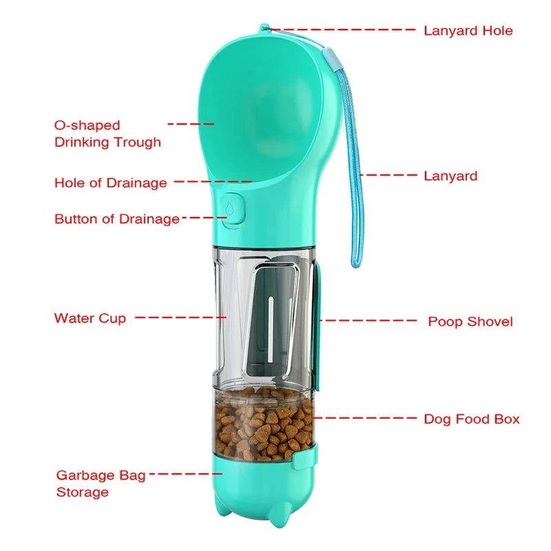 Portable Dog Water Bottle 4 In 1 Pet Drinking Feeder Pet Water Dispenser Leakproof Travel Bottle with Food Container Waste Bag