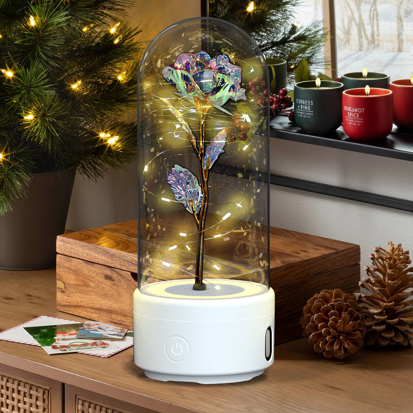 Creative 2 In 1 Rose Flowers LED Light And Bluetooth Speaker Night Light Ornament In Glass Cover