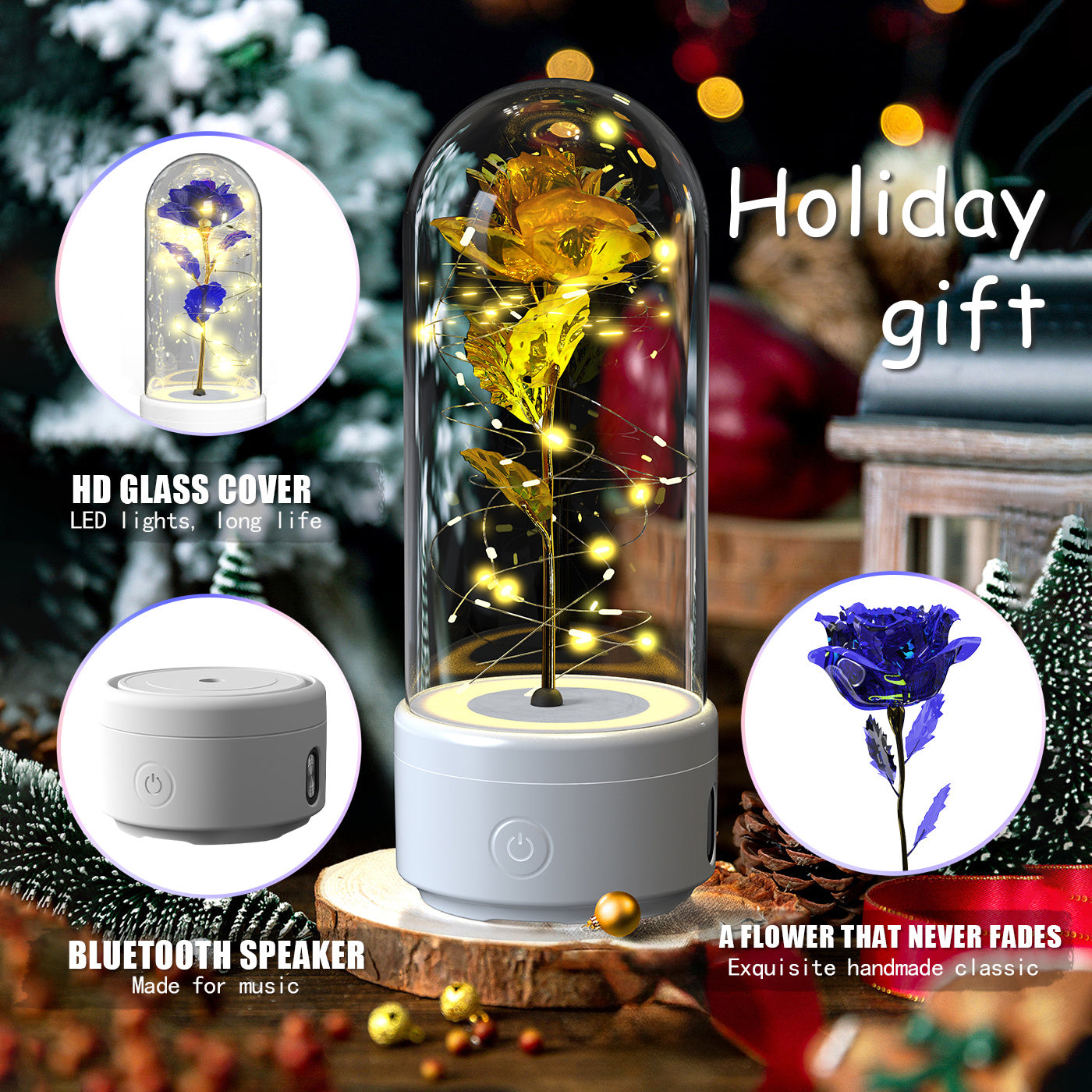 Creative 2 In 1 Rose Flowers LED Light And Bluetooth Speaker Night Light Ornament In Glass Cover